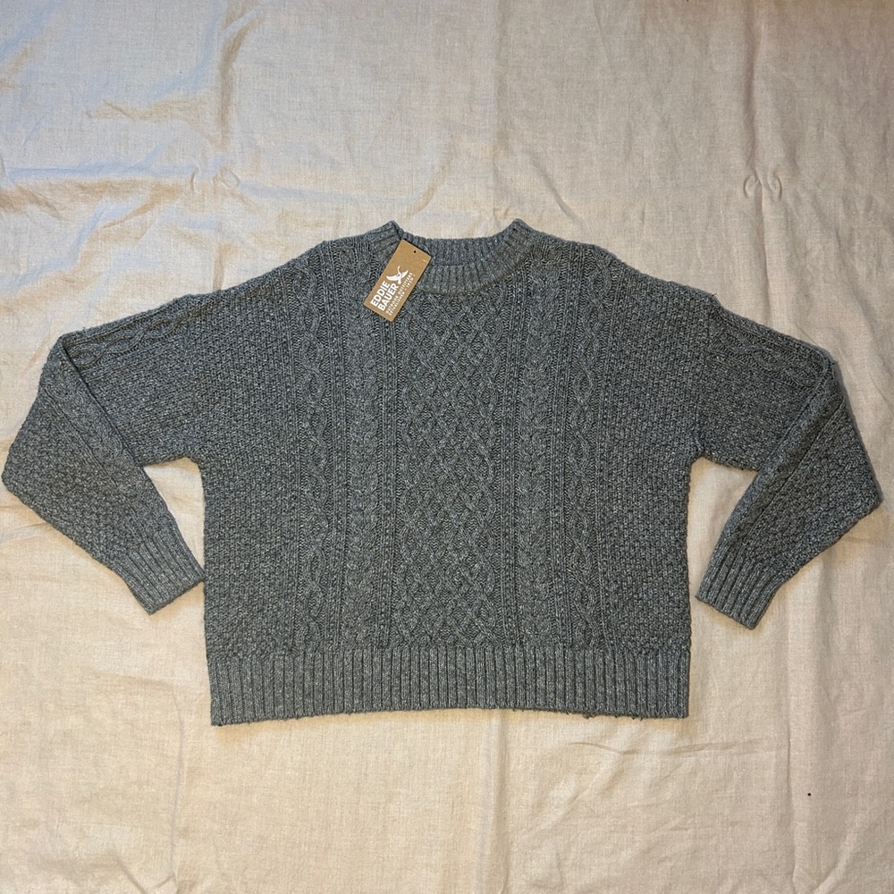 NWT Eddie Bauer Heather Grey Cable Knit Crew Cotton Wool Sweater Womens XL